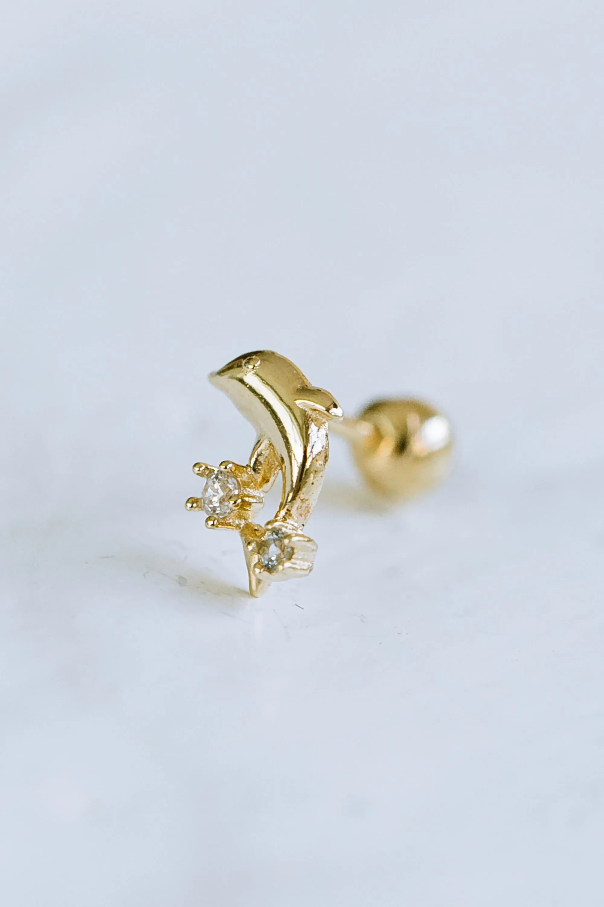 14K GOLD JEWELRY MINIMALIST DELICATE CZ DOLPHIN BARBELL EAR STUD EARRING PIERCING