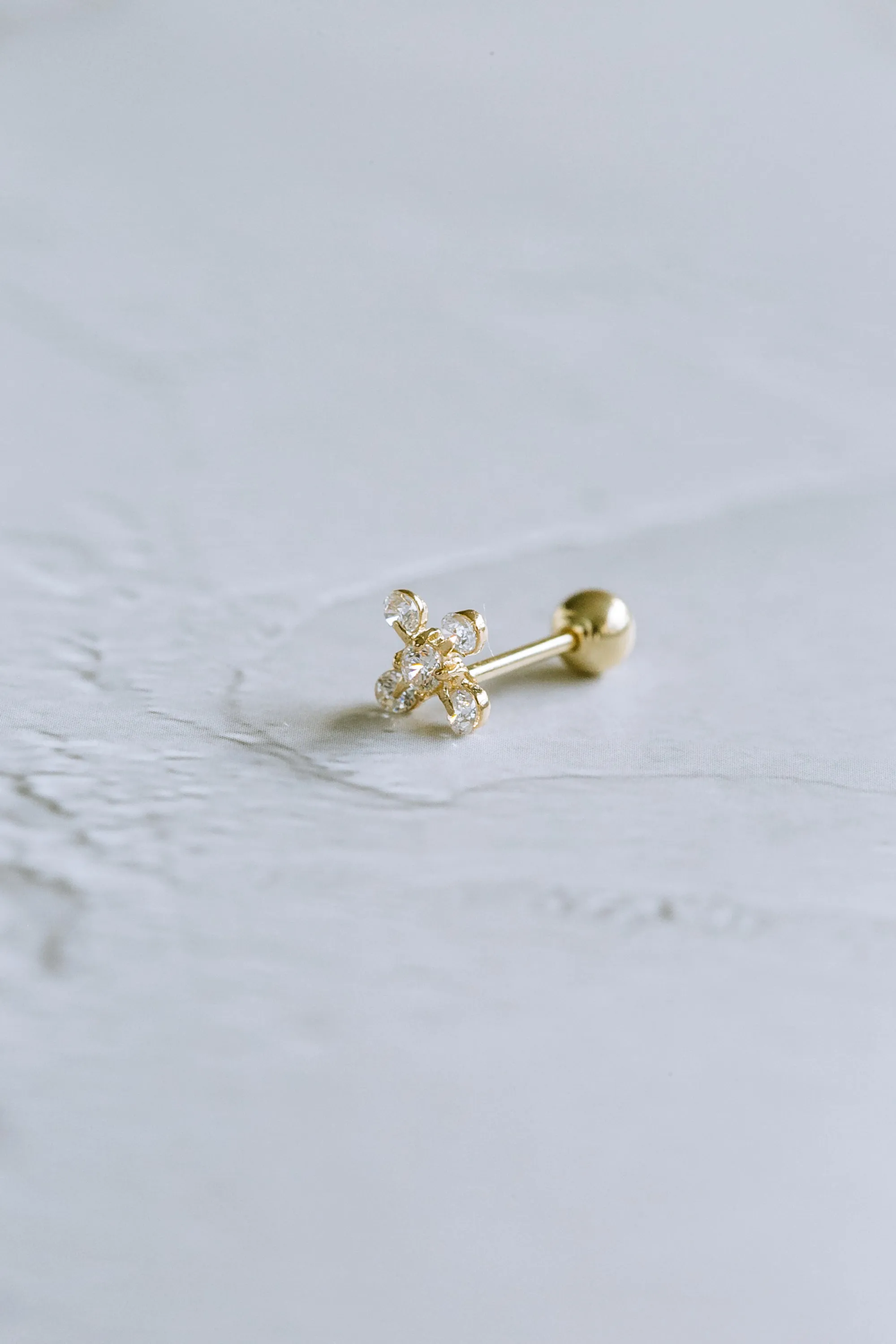 14K GOLD JEWELRY MINIMALIST DELICATE CZ FLOWER BARBELL EAR STUD EARRING PIERCING