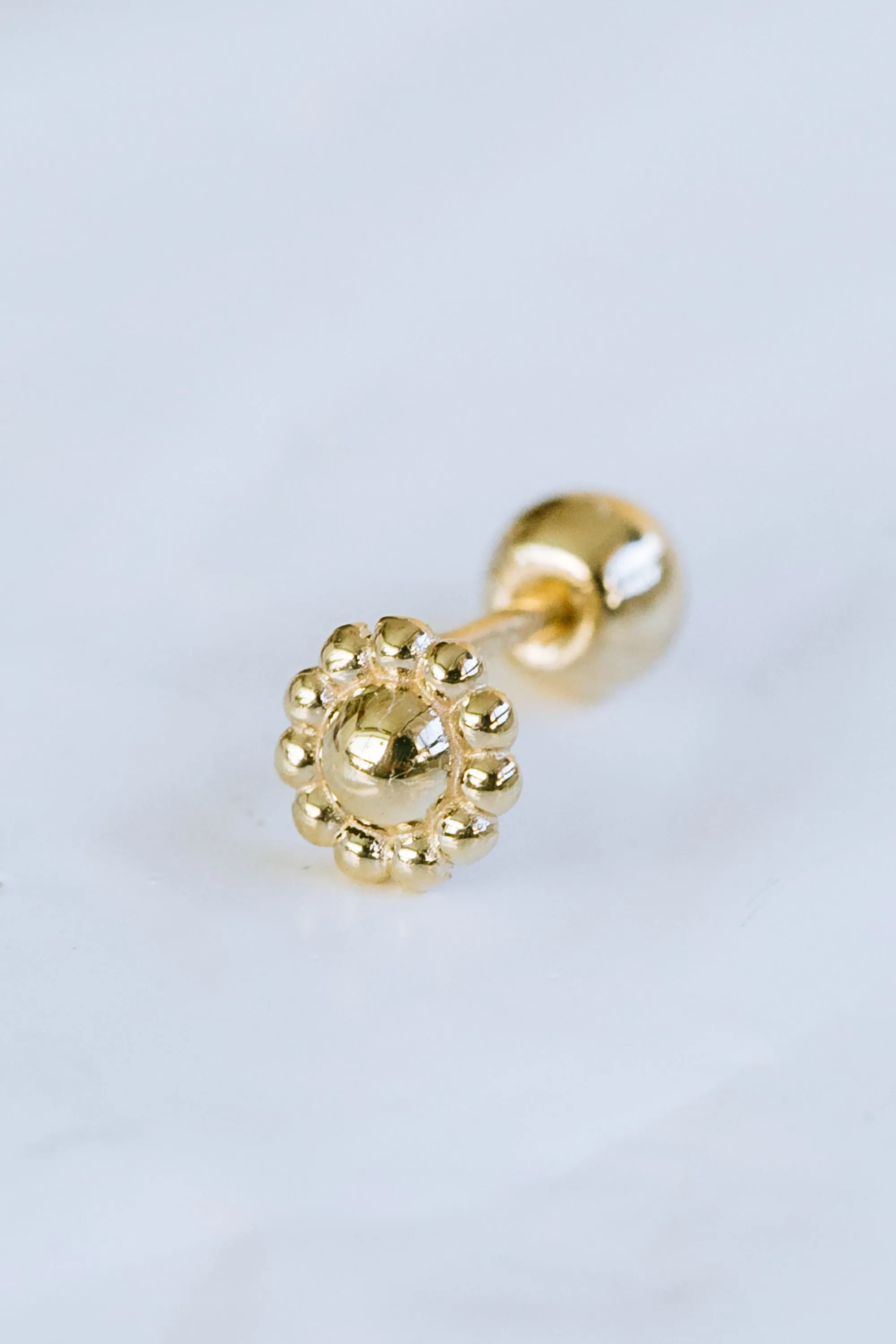 14K GOLD JEWELRY MINIMALIST DELICATE FLOWER BALL ROUNDED BARBELL EAR STUD EARRING PIERCING