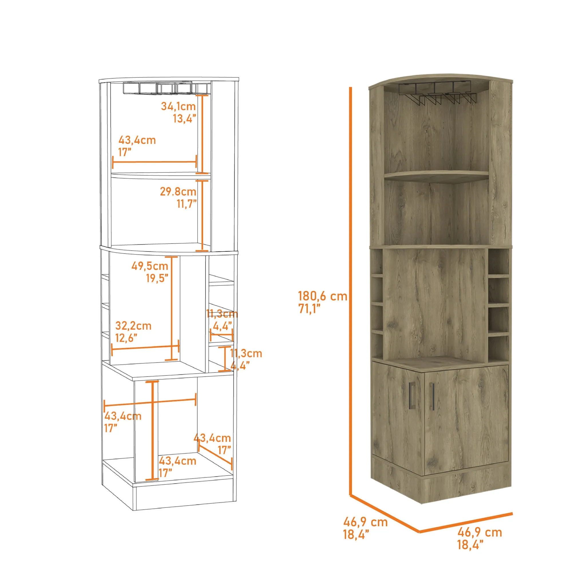 18 Brown Corner Bar Cabinet With Eleven Shelves