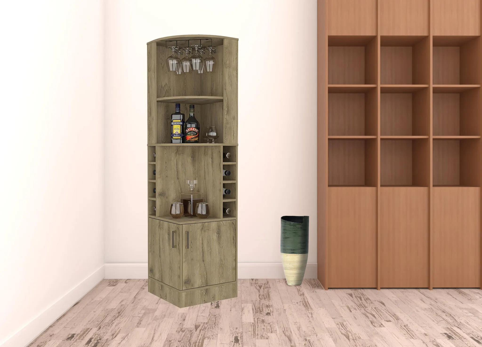 18 Brown Corner Bar Cabinet With Eleven Shelves