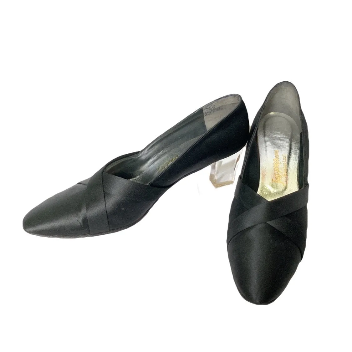 1960s Black Kitten Heel Pumps in Black Satin with a Lucite Heel. Made for Saks Fifth Avenue.