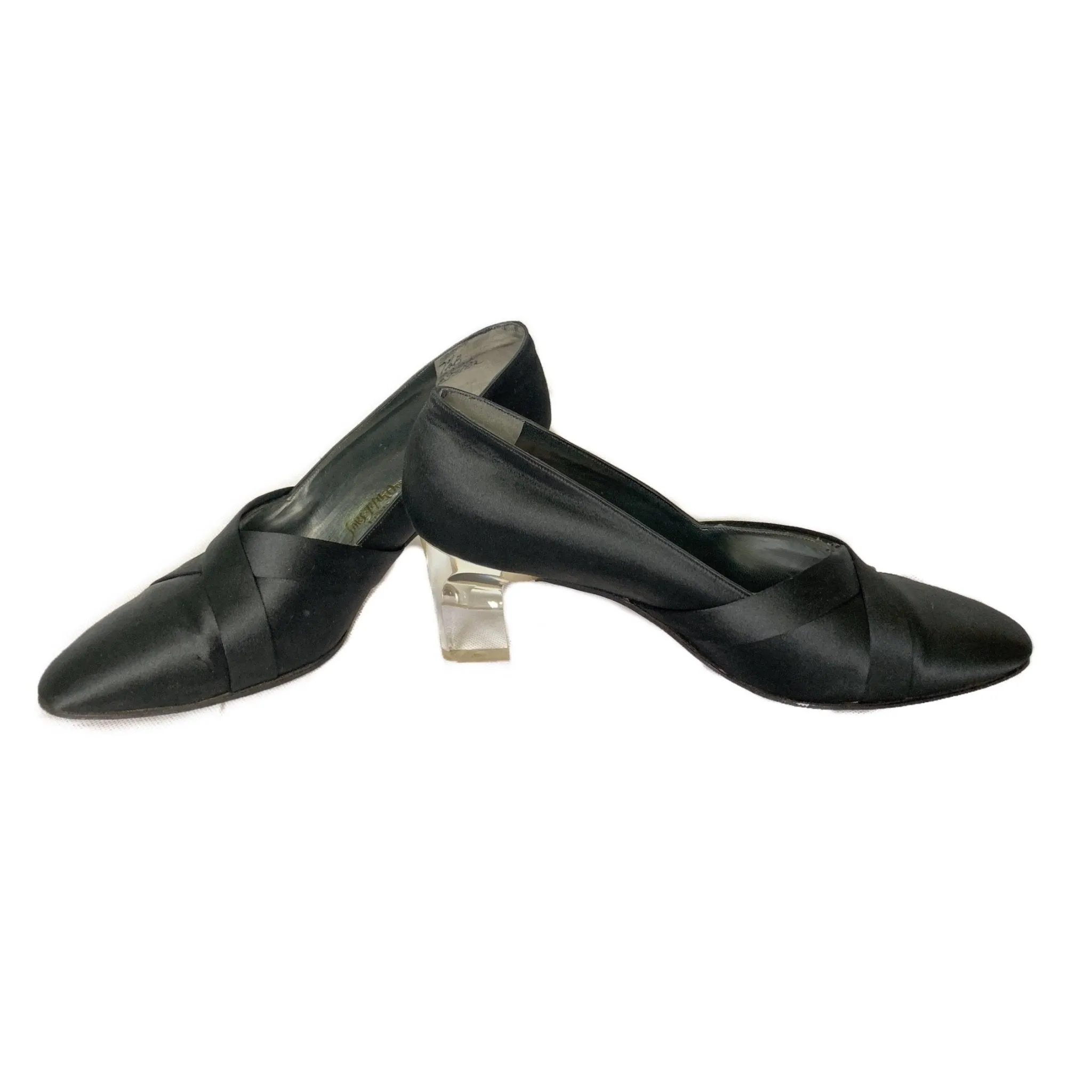 1960s Black Kitten Heel Pumps in Black Satin with a Lucite Heel. Made for Saks Fifth Avenue.