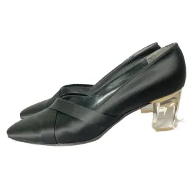 1960s Black Kitten Heel Pumps in Black Satin with a Lucite Heel. Made for Saks Fifth Avenue.