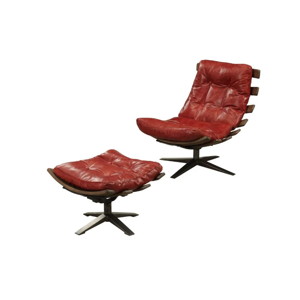 27 Red And Brown Top Grain Leather Tufted Swivel Lounge Chair With Ottoman