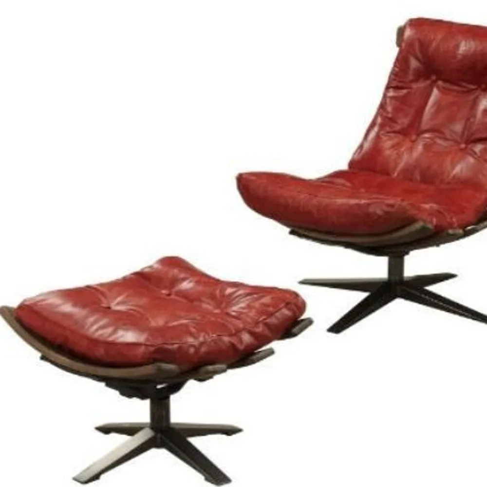 27 Red And Brown Top Grain Leather Tufted Swivel Lounge Chair With Ottoman