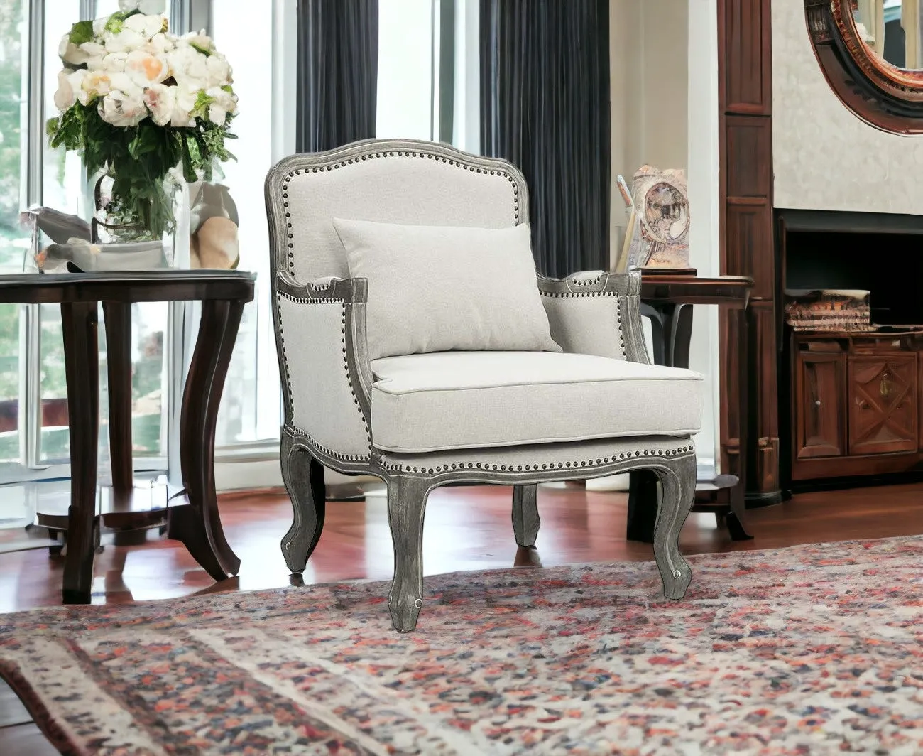 29 Cream And Brown Linen Arm Chair