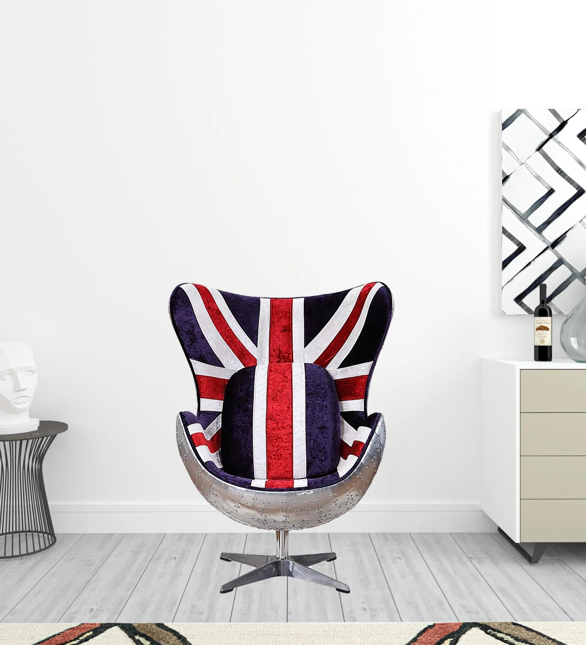 33 Red White and Blue Velvet And Silver Great Britain Flag Swivel Lounge Chair