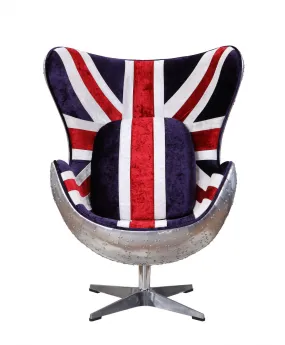 33 Red White and Blue Velvet And Silver Great Britain Flag Swivel Lounge Chair