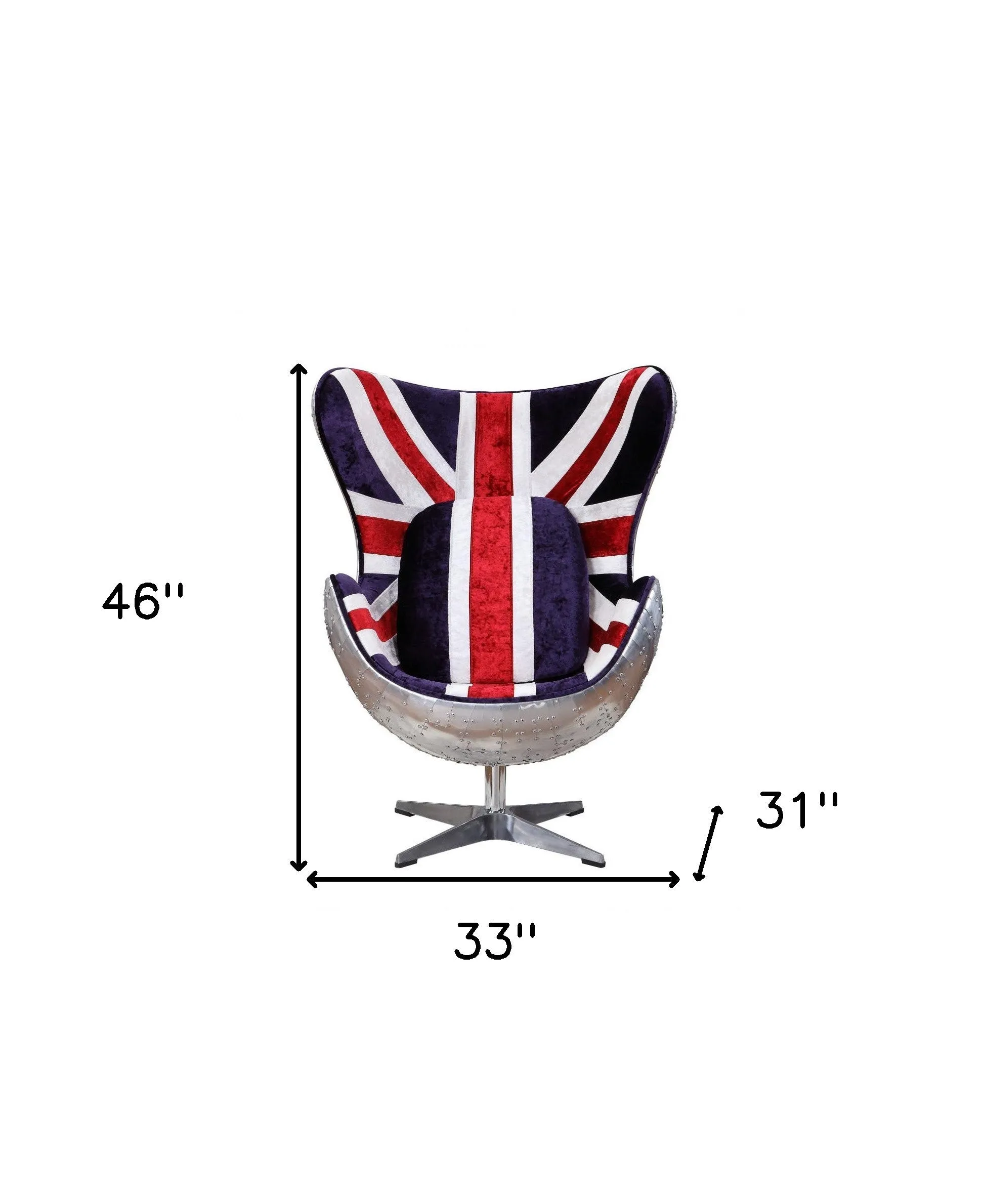 33 Red White and Blue Velvet And Silver Great Britain Flag Swivel Lounge Chair