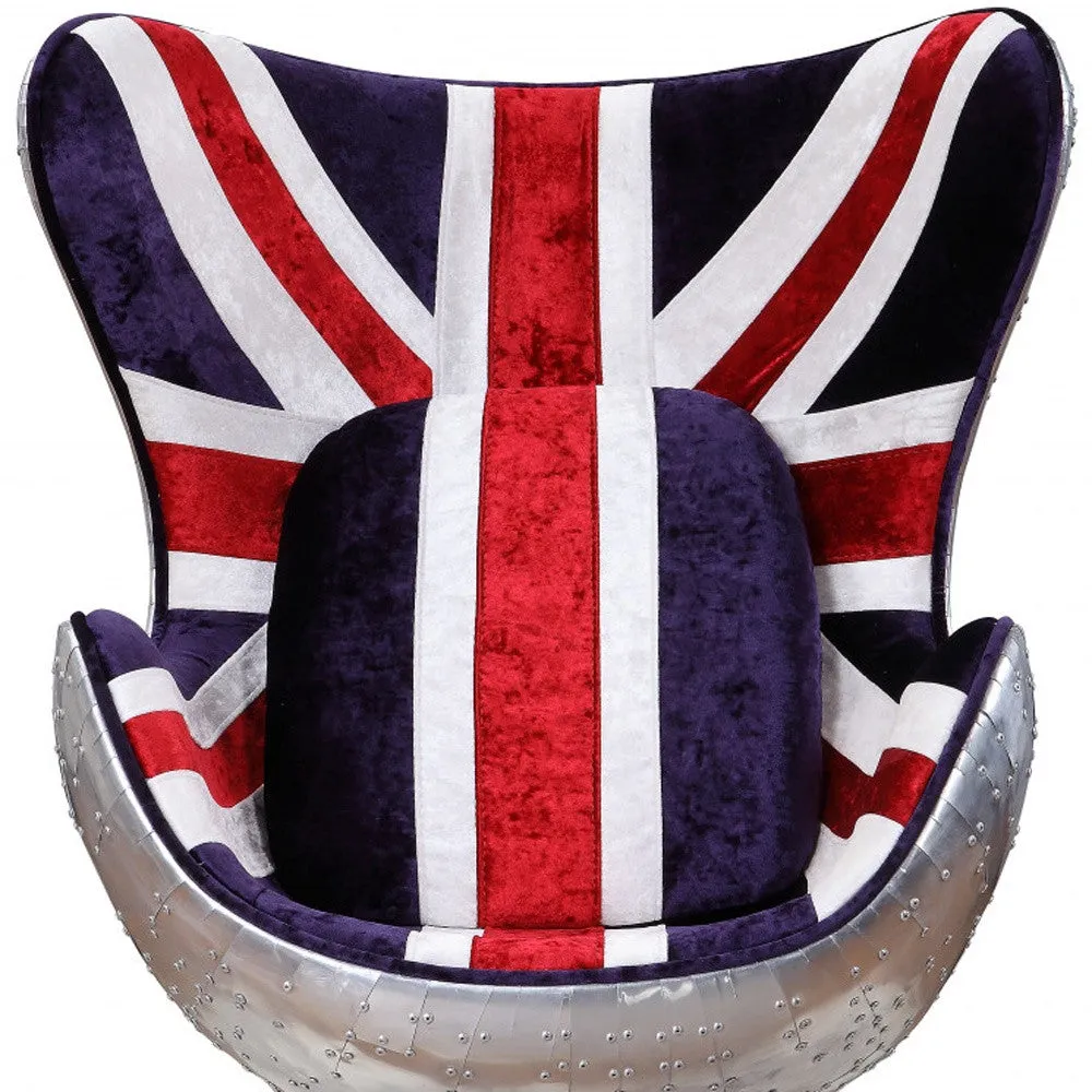 33 Red White and Blue Velvet And Silver Great Britain Flag Swivel Lounge Chair