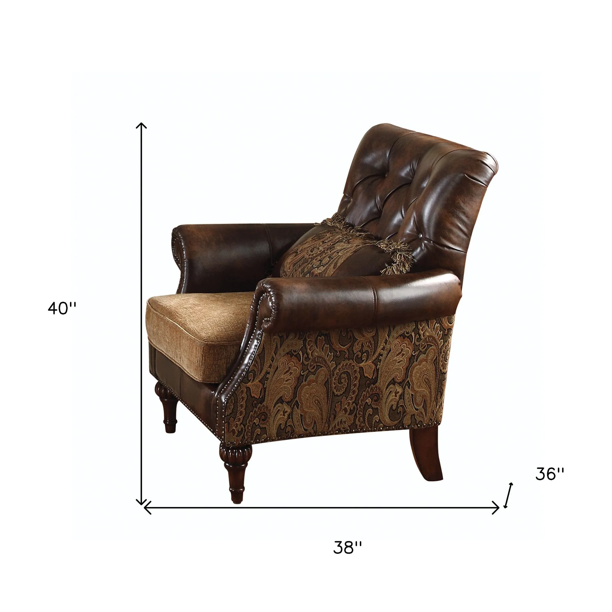 38 Brown And Black Faux Leather Floral Tufted Arm Chair