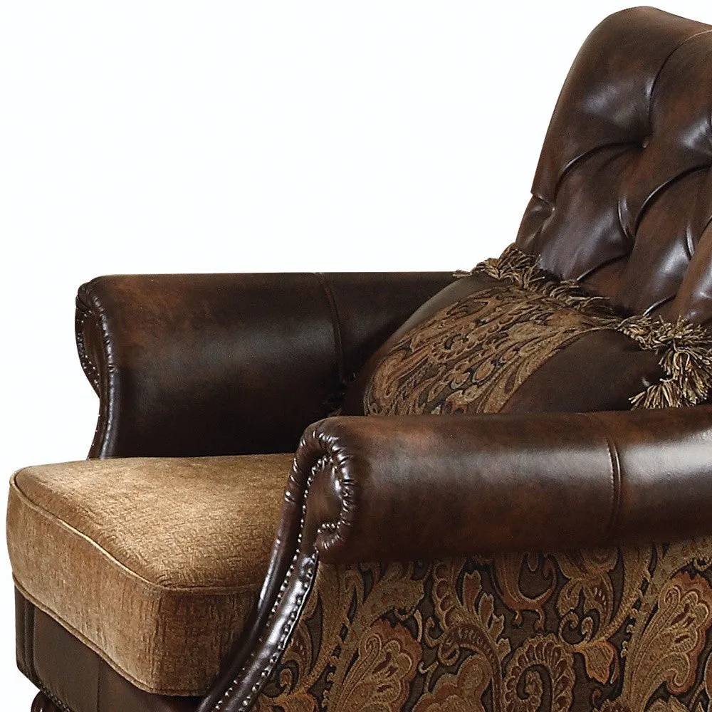 38 Brown And Black Faux Leather Floral Tufted Arm Chair