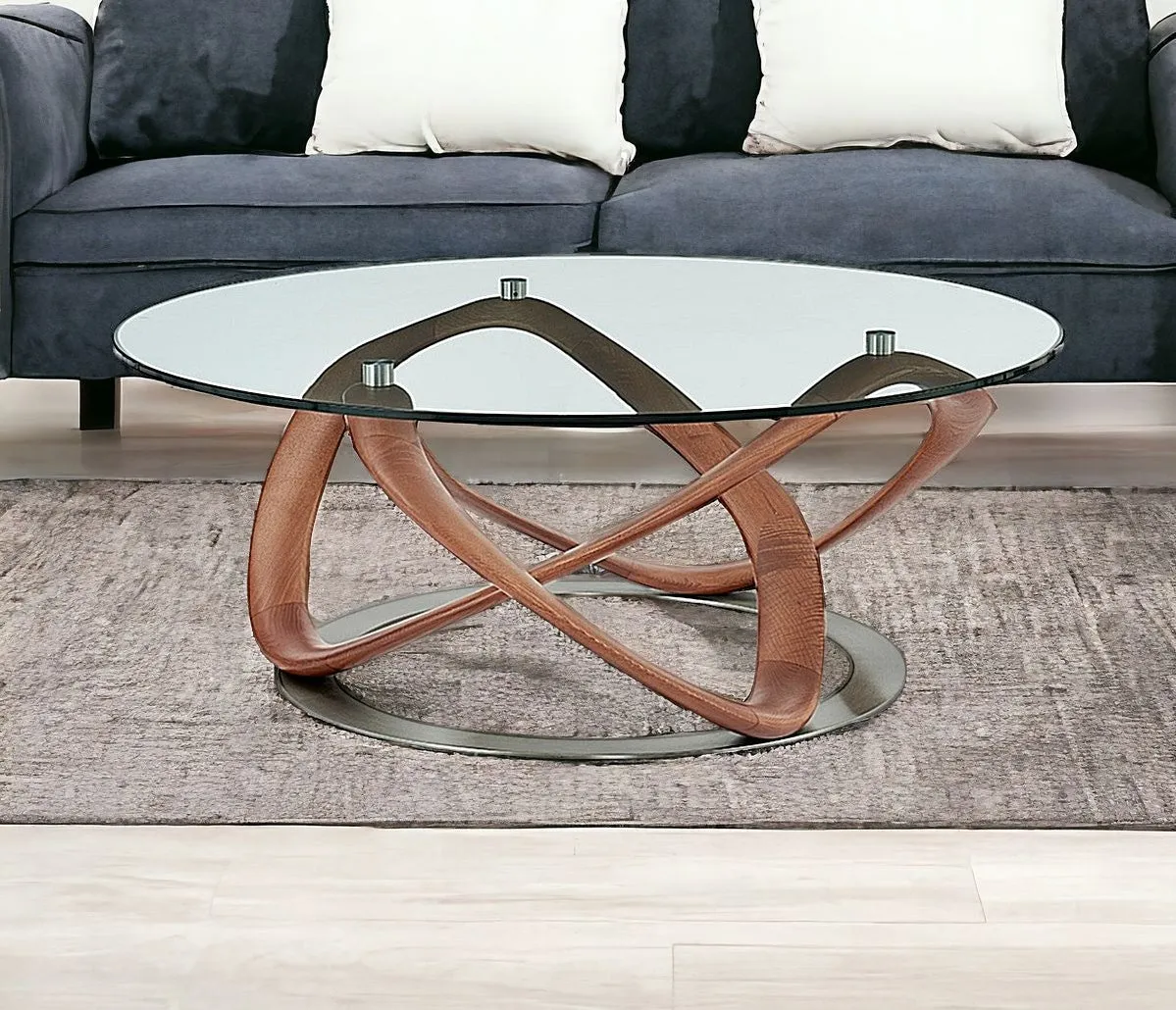 39 Walnut And Clear Glass Abstract Round Coffee Table