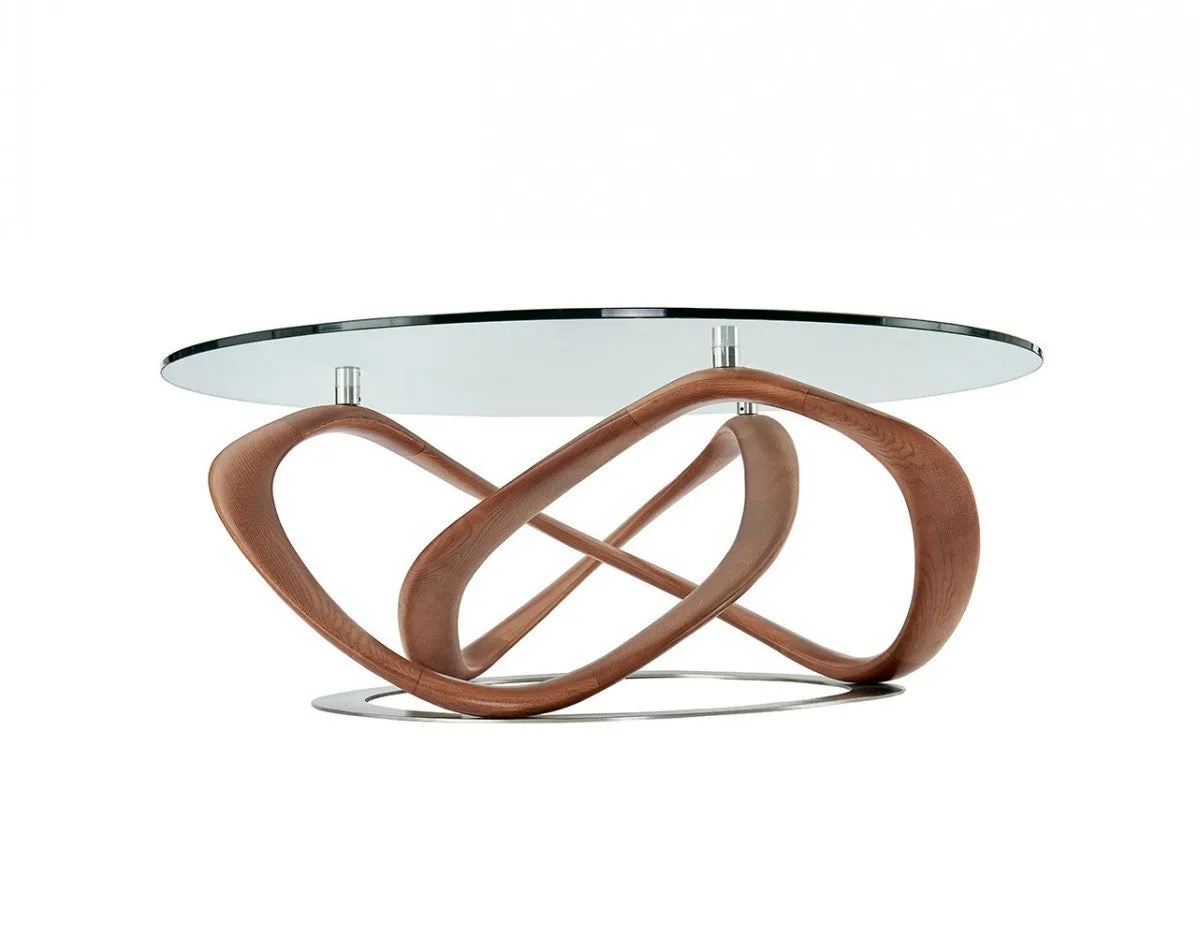 39 Walnut And Clear Glass Abstract Round Coffee Table