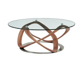 39 Walnut And Clear Glass Abstract Round Coffee Table