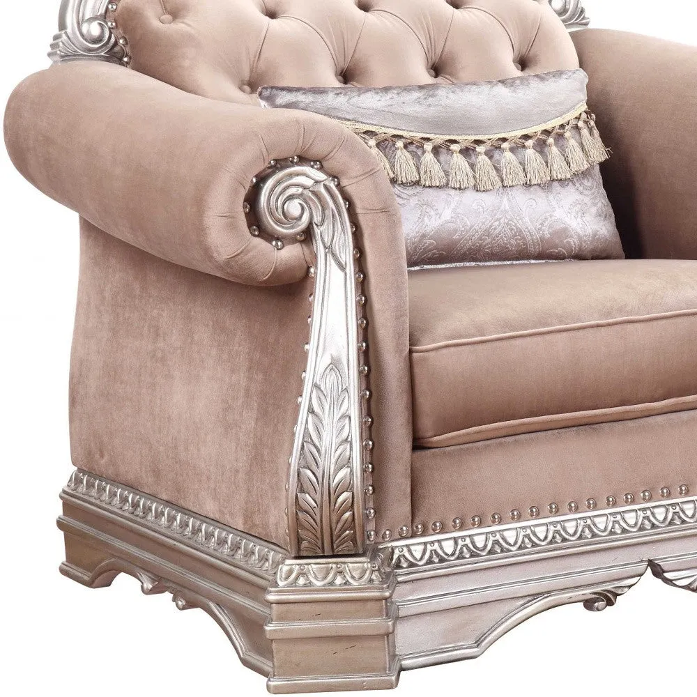 42 Cherry Blossom Pink And Gray Velvet Tufted Chesterfield Chair