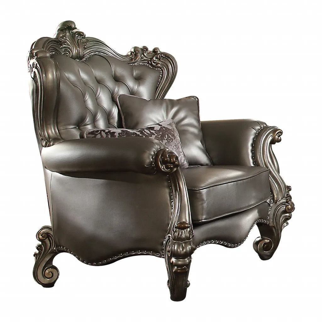 44 Silver and Platinum Faux Leather Tufted Wingback Chair