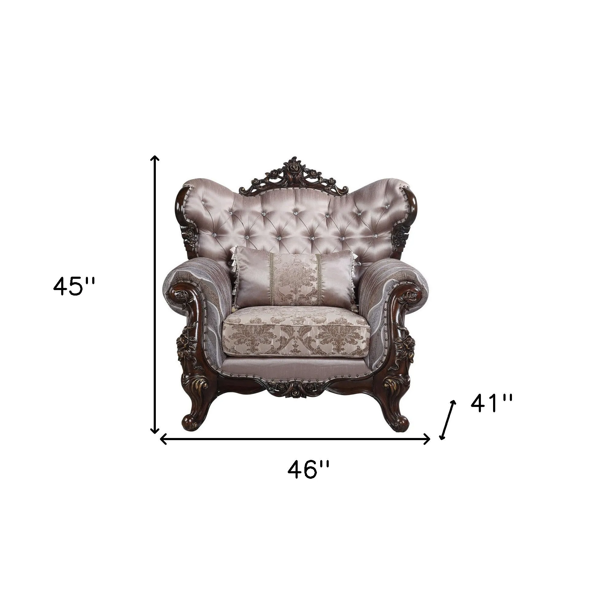 46 Light Gray Fabric And Antique Oak Floral Tufted Arm Chair