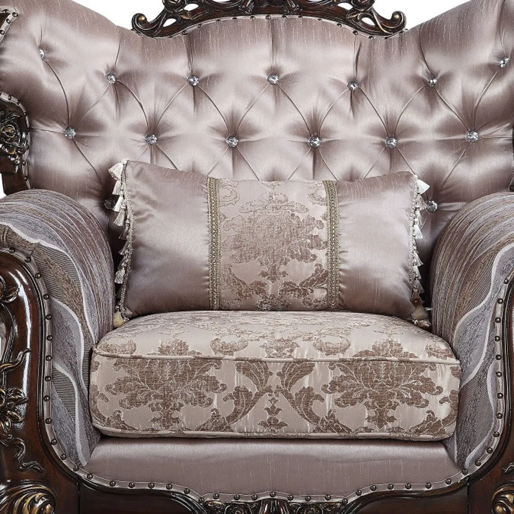 46 Light Gray Fabric And Antique Oak Floral Tufted Arm Chair