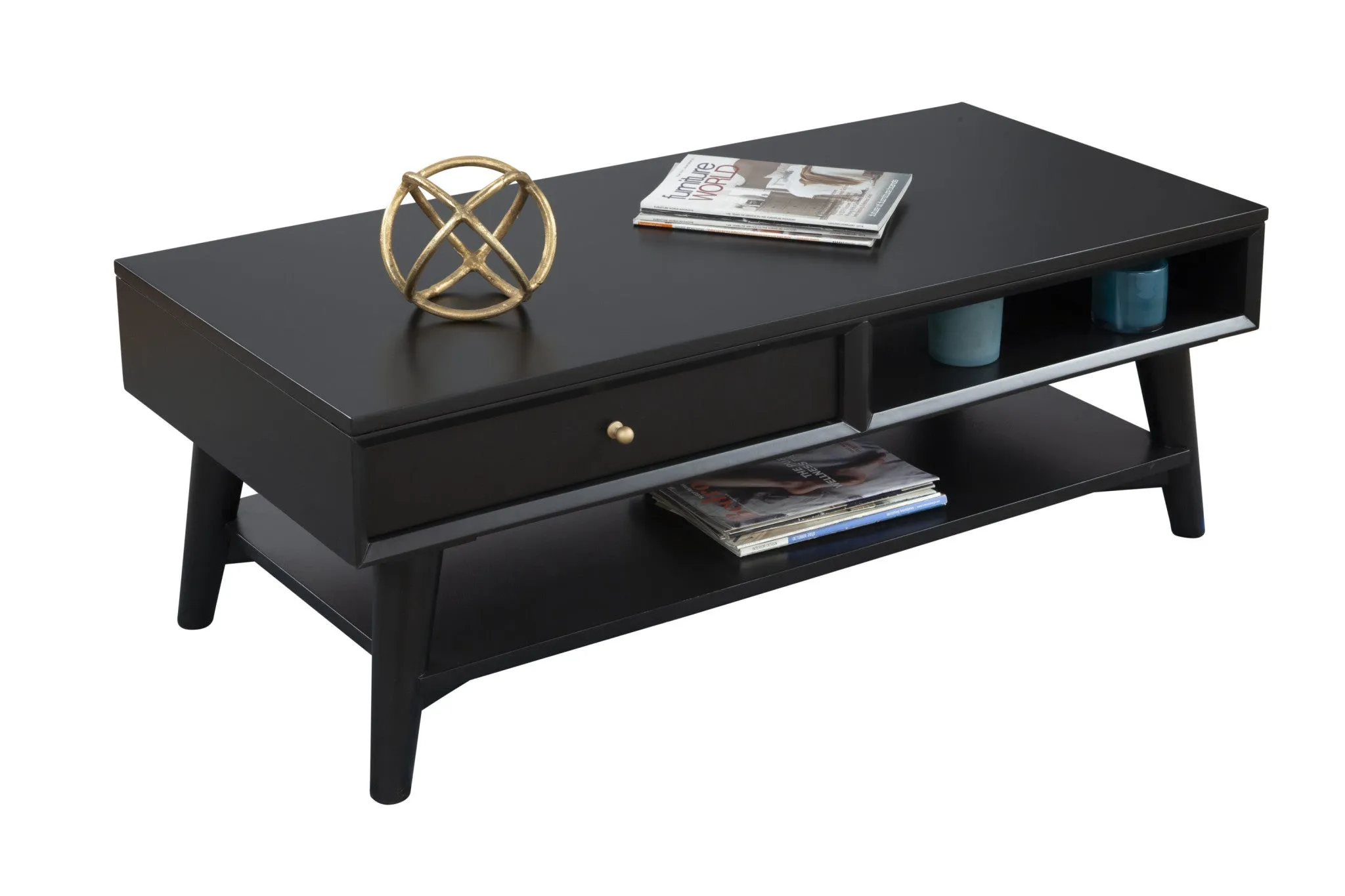 48 Black Solid And Manufactured Wood Coffee Table With Drawer