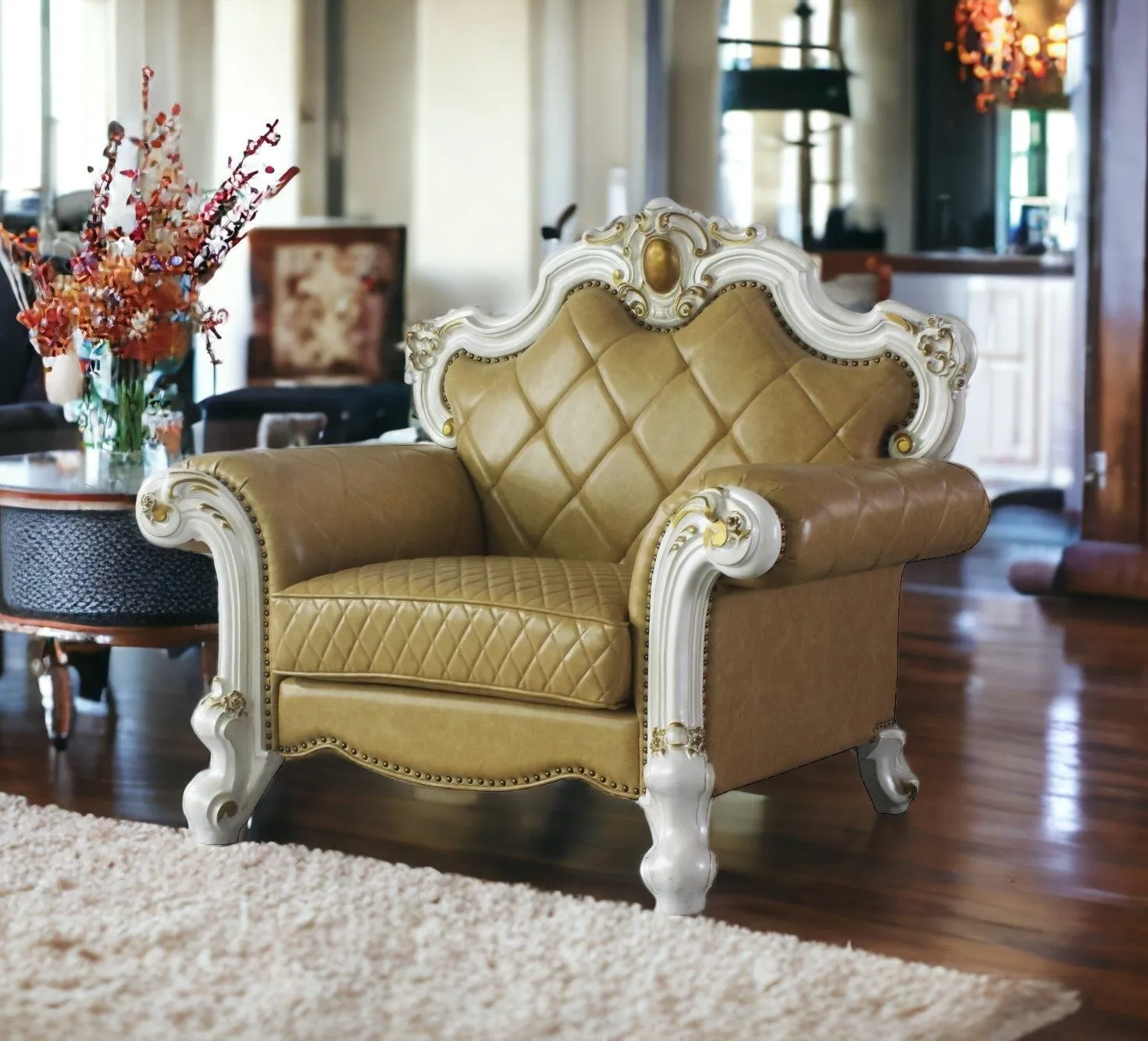 50 Beige and Pearl Faux Leather Tufted Arm Chair