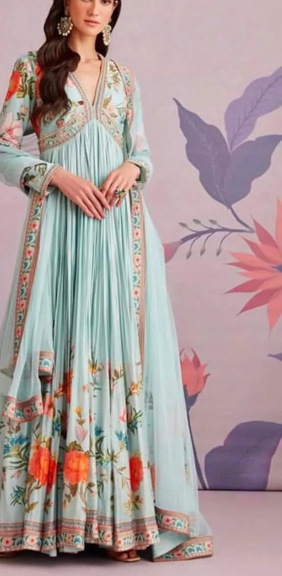 52A005 Mint Green Embroidered Georgette Anarkali Suit