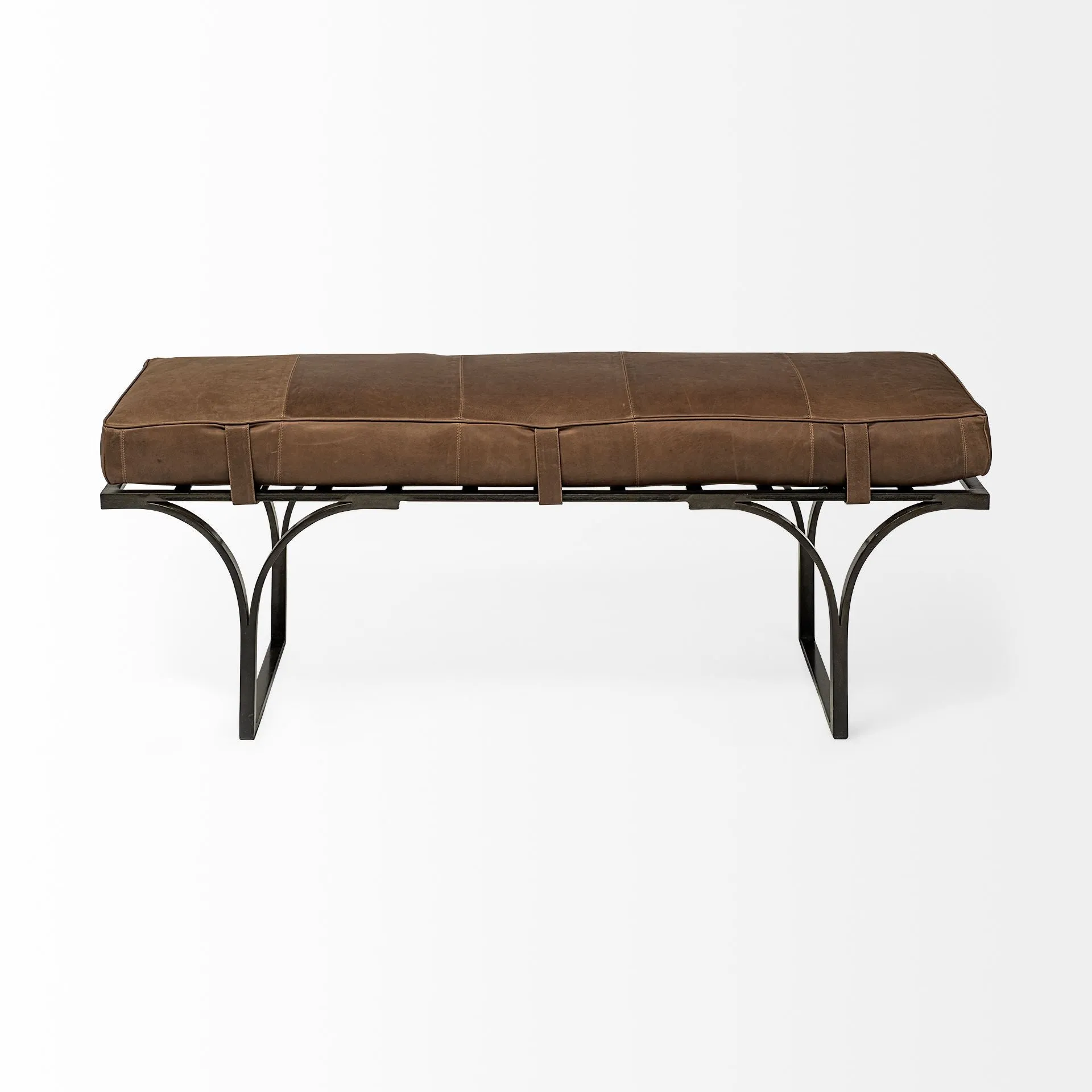 55 Brown and Black Upholstered Genuine Leather Bench