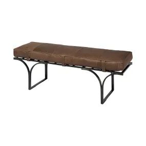 55 Brown and Black Upholstered Genuine Leather Bench