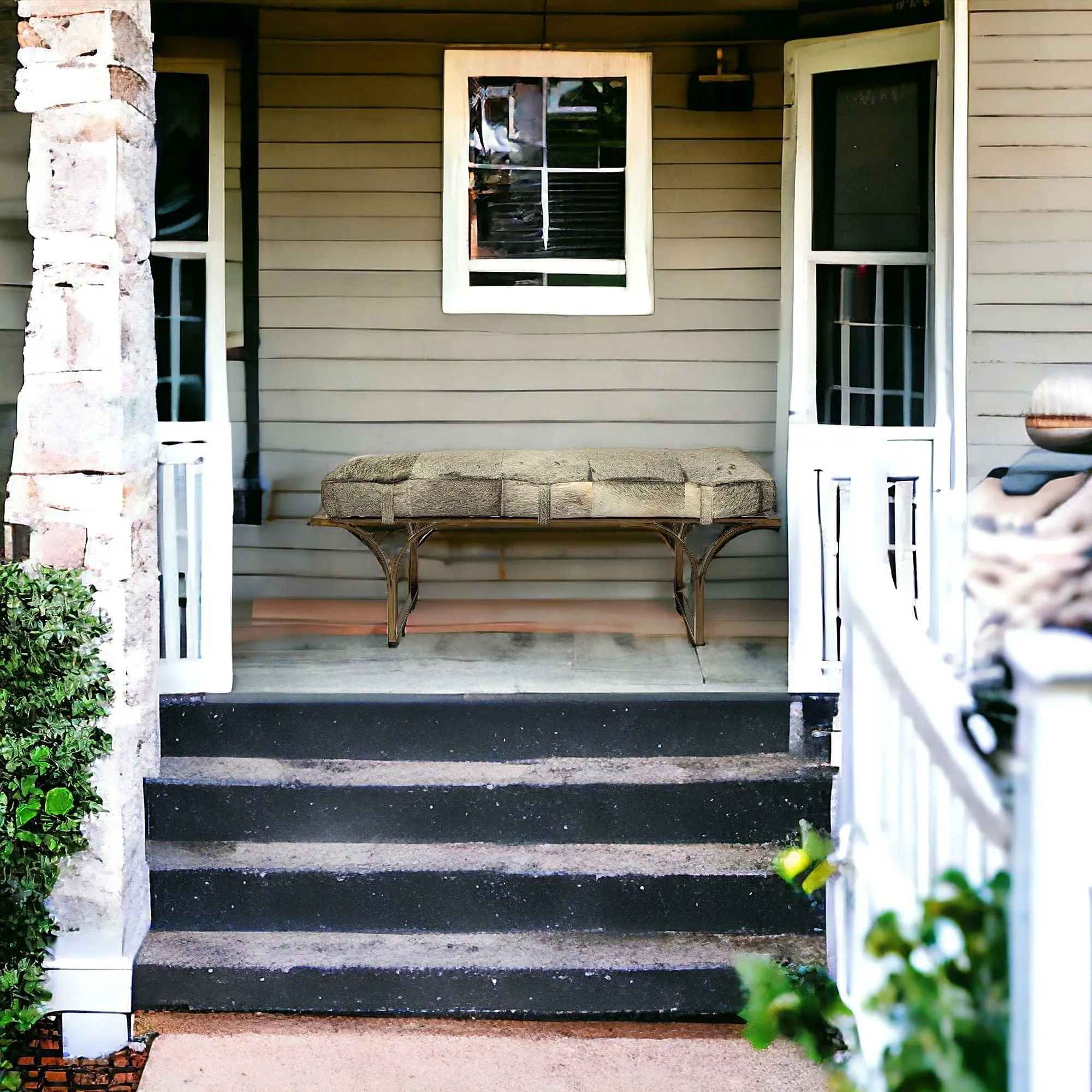 55 Gray and Antiqued Brass Upholstered Faux Fur Bench