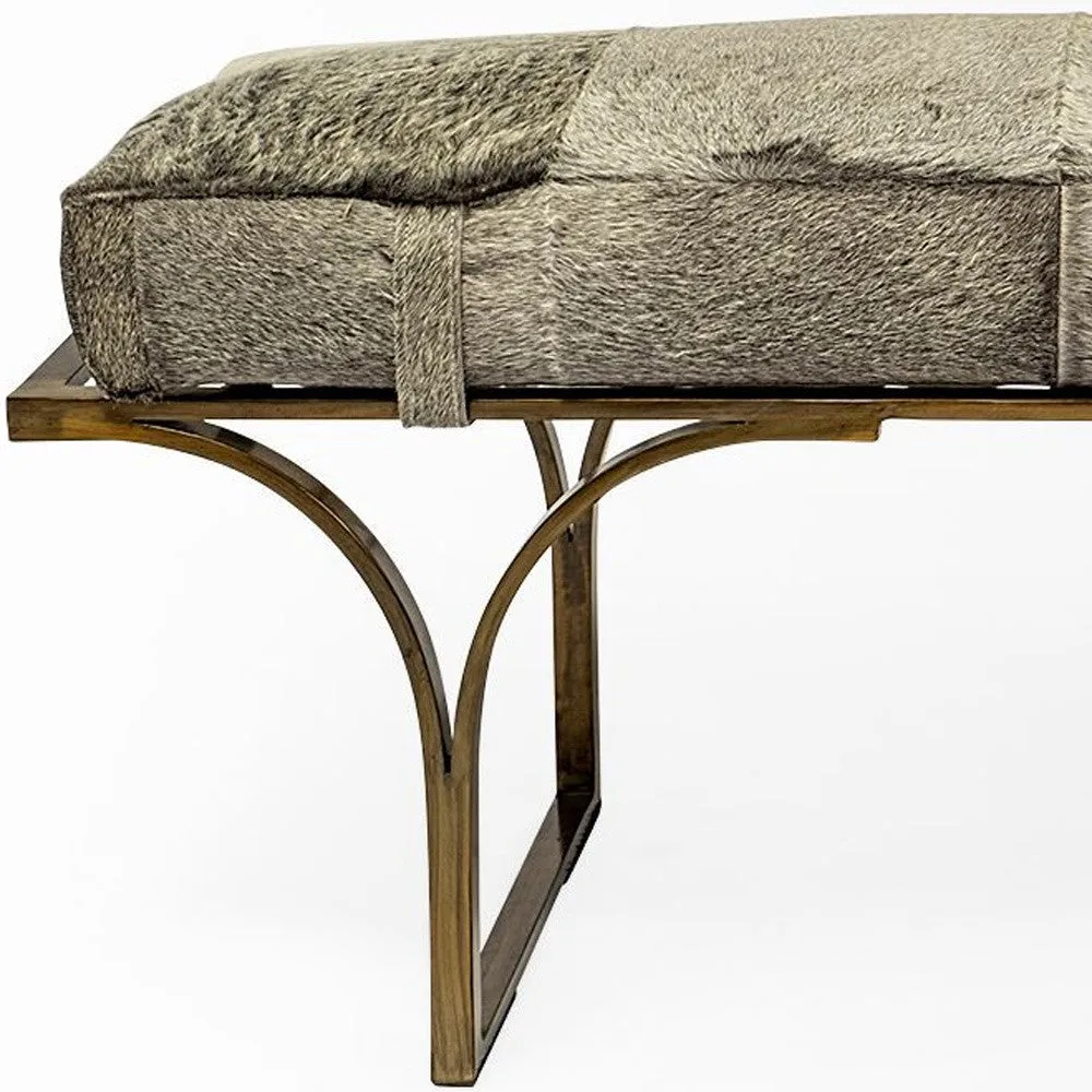 55 Gray and Antiqued Brass Upholstered Faux Fur Bench