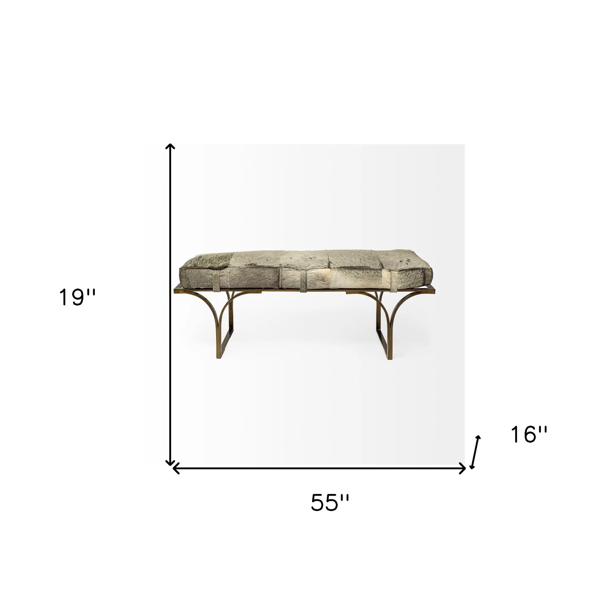 55 Gray and Antiqued Brass Upholstered Faux Fur Bench