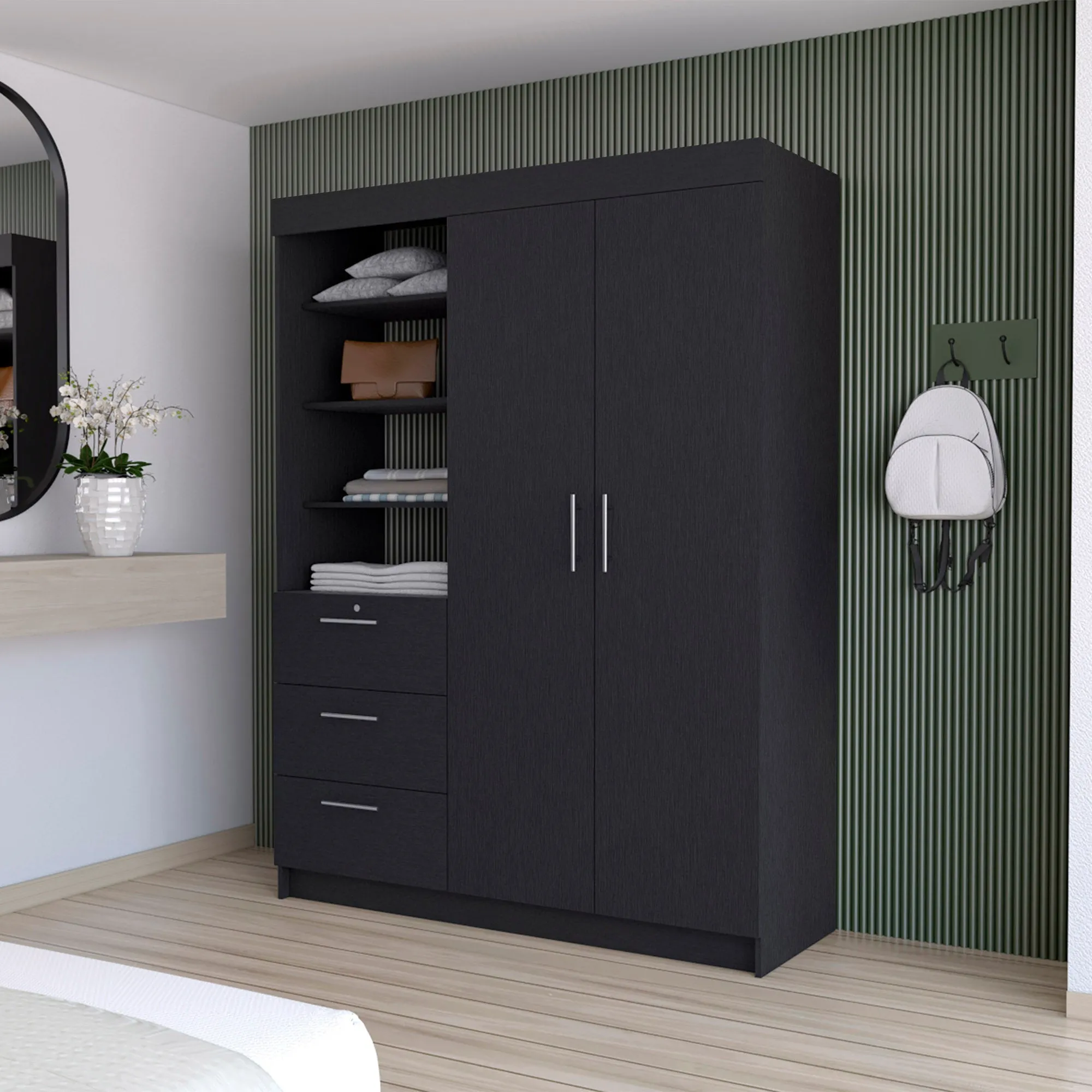 59 Black Accent Cabinet Soft Close With Three Shelves And One Drawer