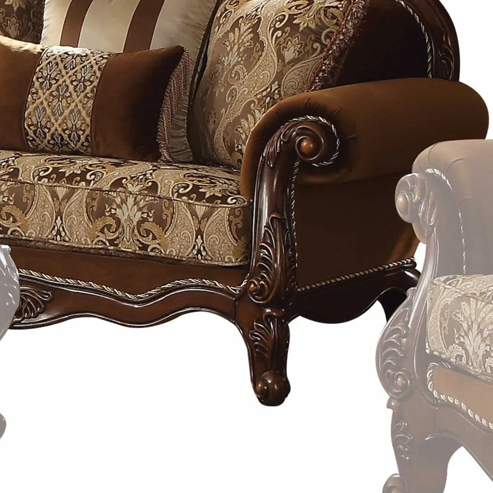 69 Brown Polyester Blend Damask Chesterfield Loveseat and Toss Pillows