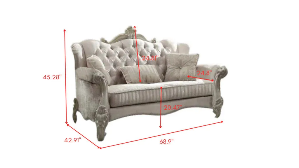 69 Ivory Polyester Blend Chesterfield Loveseat and Toss Pillows