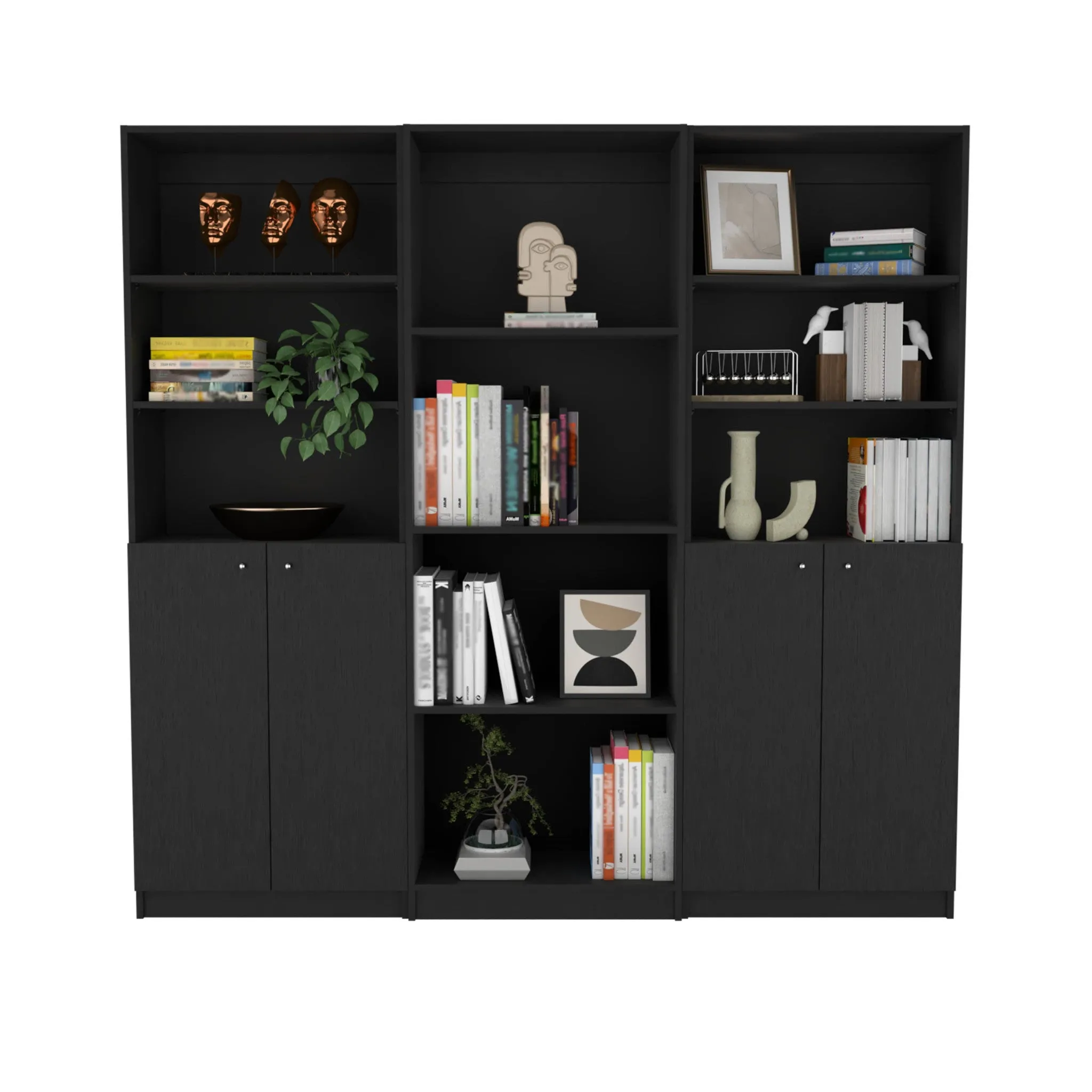 71 Black Five Tier Bookcase with Four doors