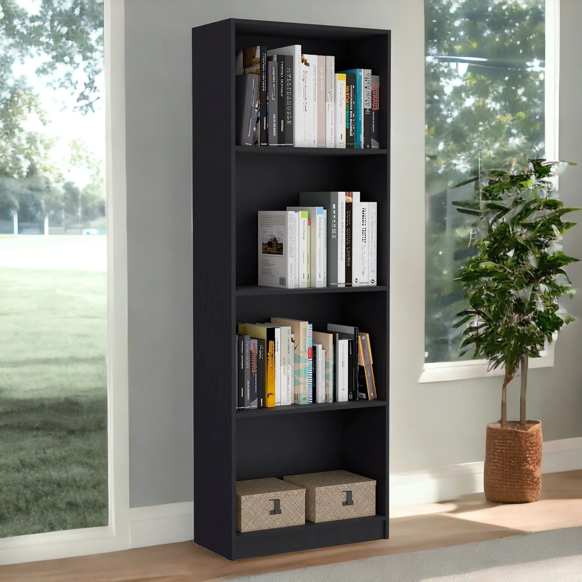 71 Black Five Tier Bookcase with Four doors