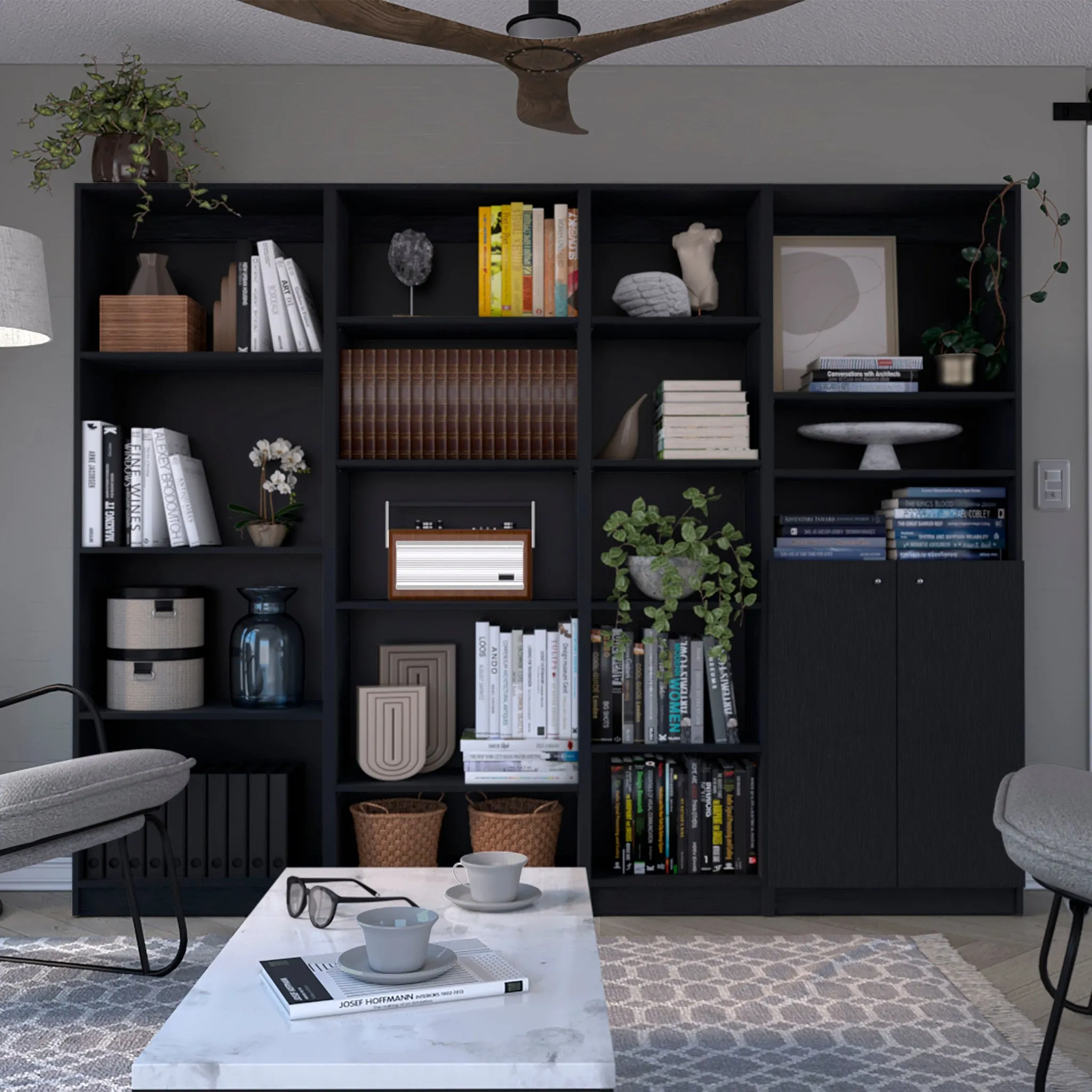 71 Black Four Tier Bookcase with Two doors