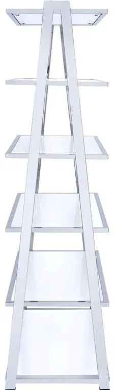 71 White and Silver Metal and Glass Five Tier Ladder Bookcase