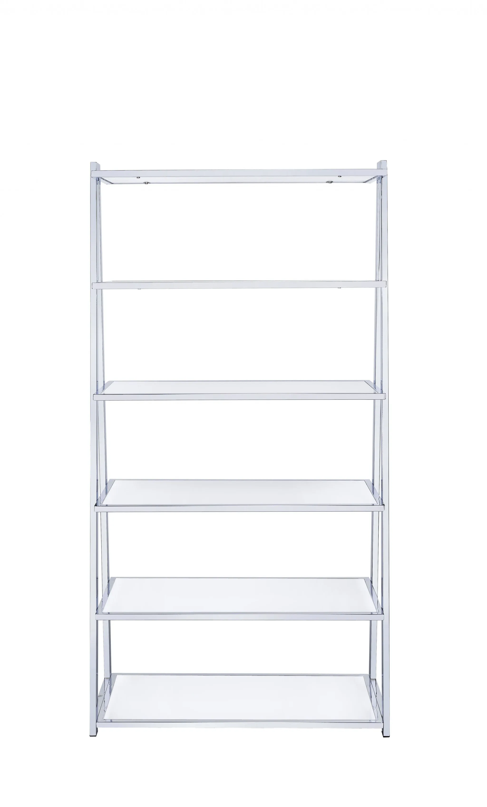 71 White and Silver Metal and Glass Five Tier Ladder Bookcase