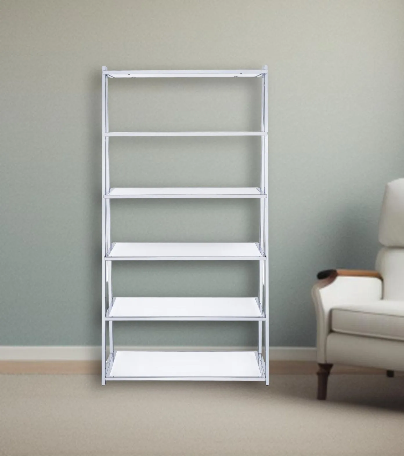 71 White and Silver Metal and Glass Five Tier Ladder Bookcase