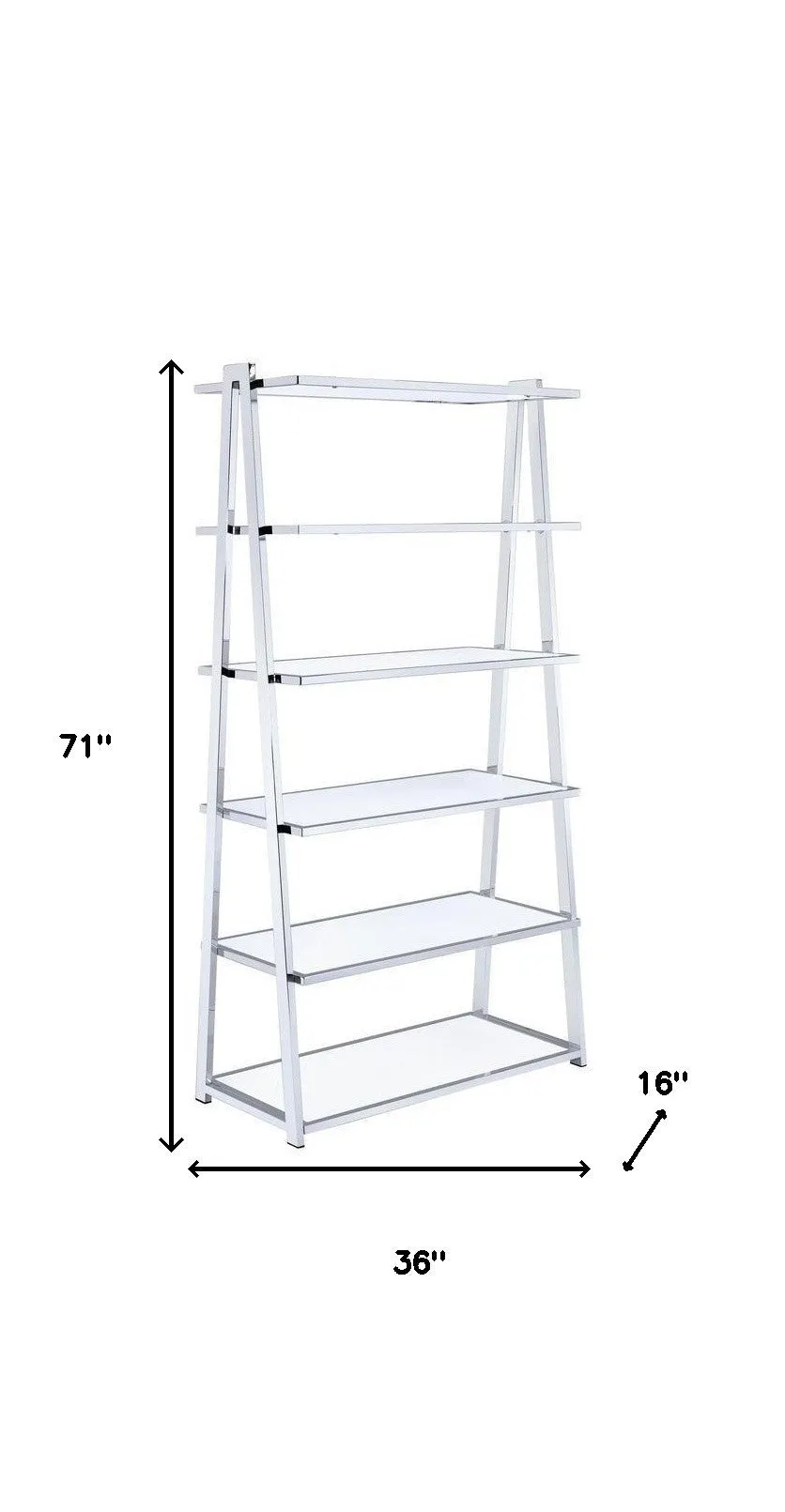 71 White and Silver Metal and Glass Five Tier Ladder Bookcase