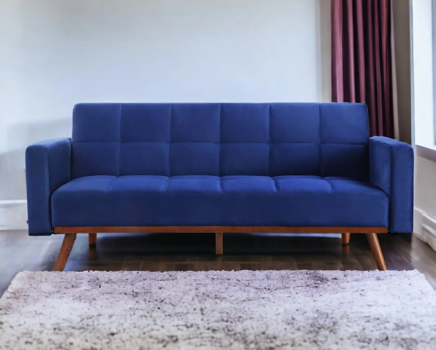 76 Blue Velvet And NAtural Sleeper Sofa