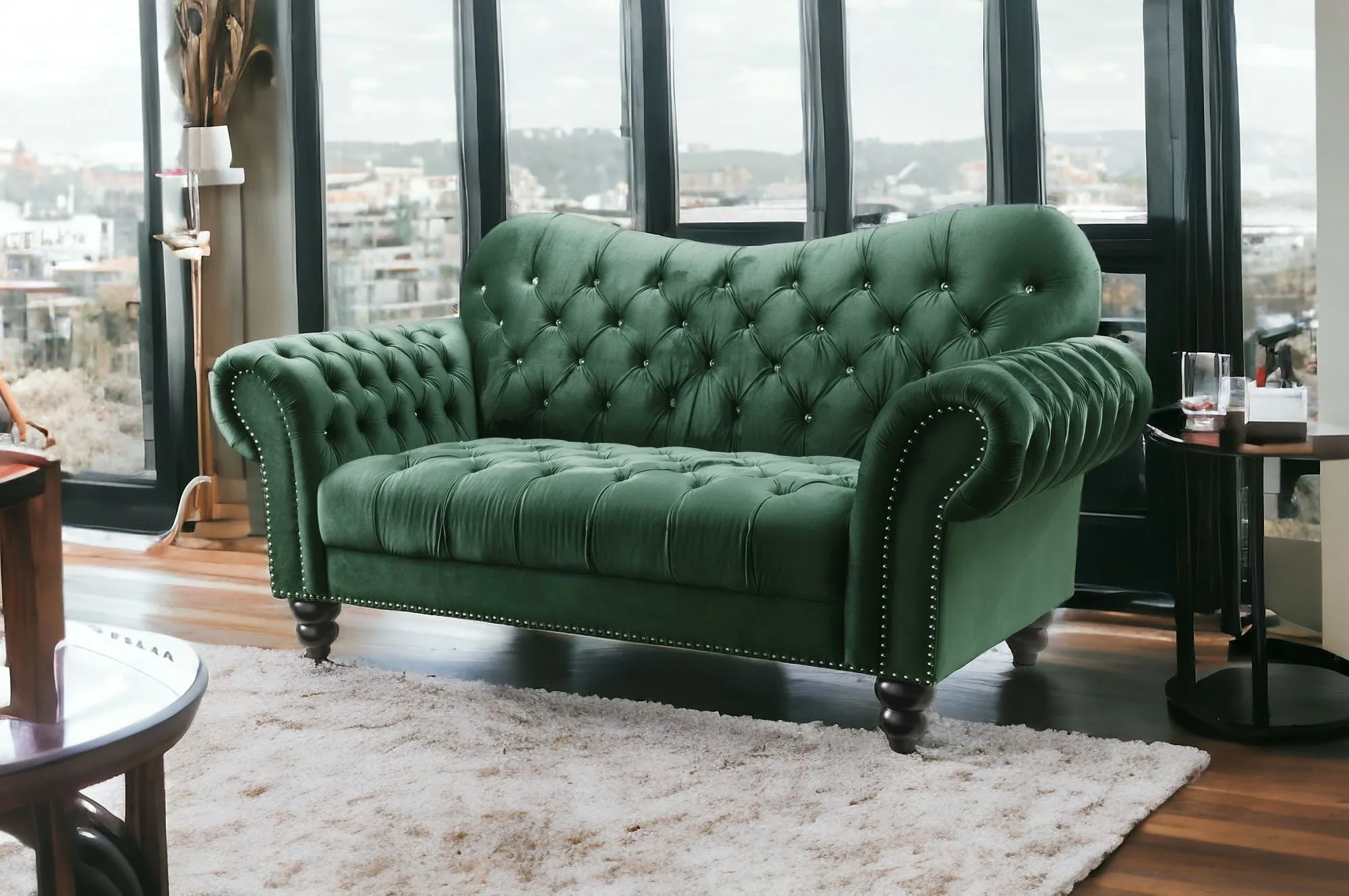 76 Green And Black Velvet Loveseat