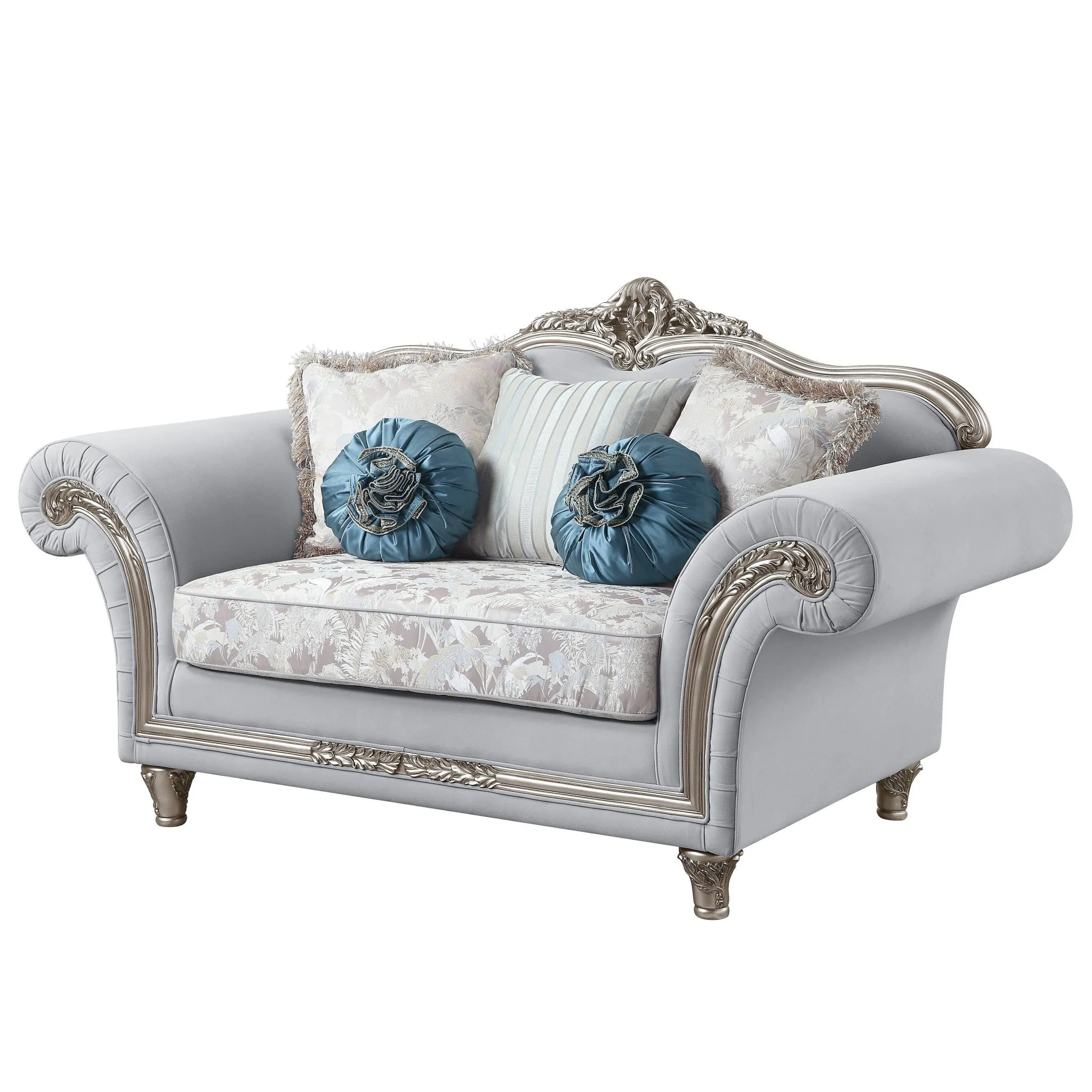 76 Light Gray And Platinum Linen Loveseat and Toss Pillows