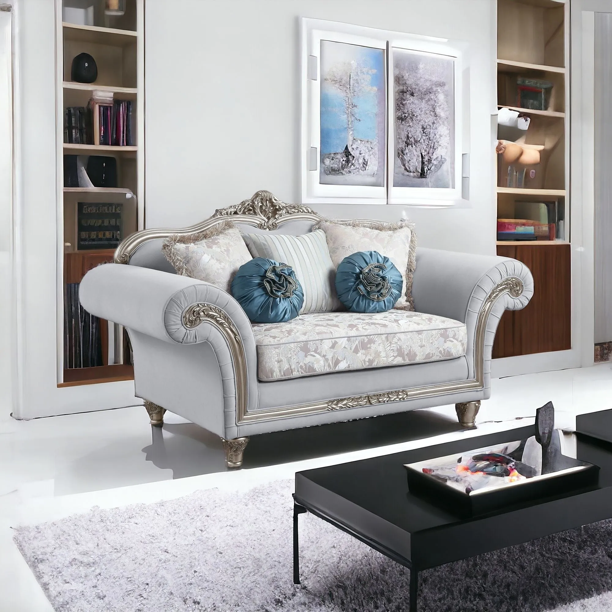 76 Light Gray And Platinum Linen Loveseat and Toss Pillows