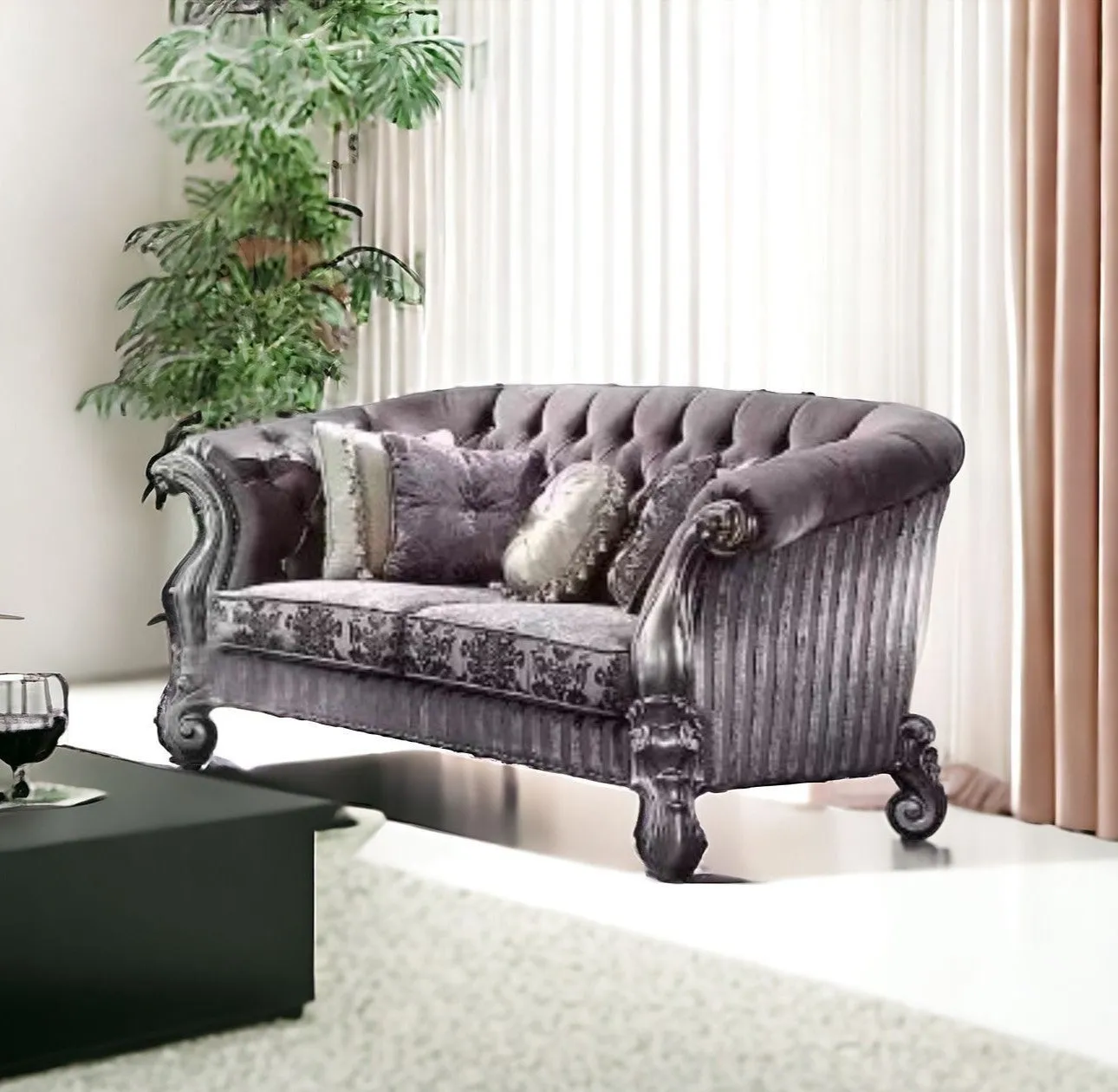 76 Purple And Platinum Velvet Loveseat and Toss Pillows