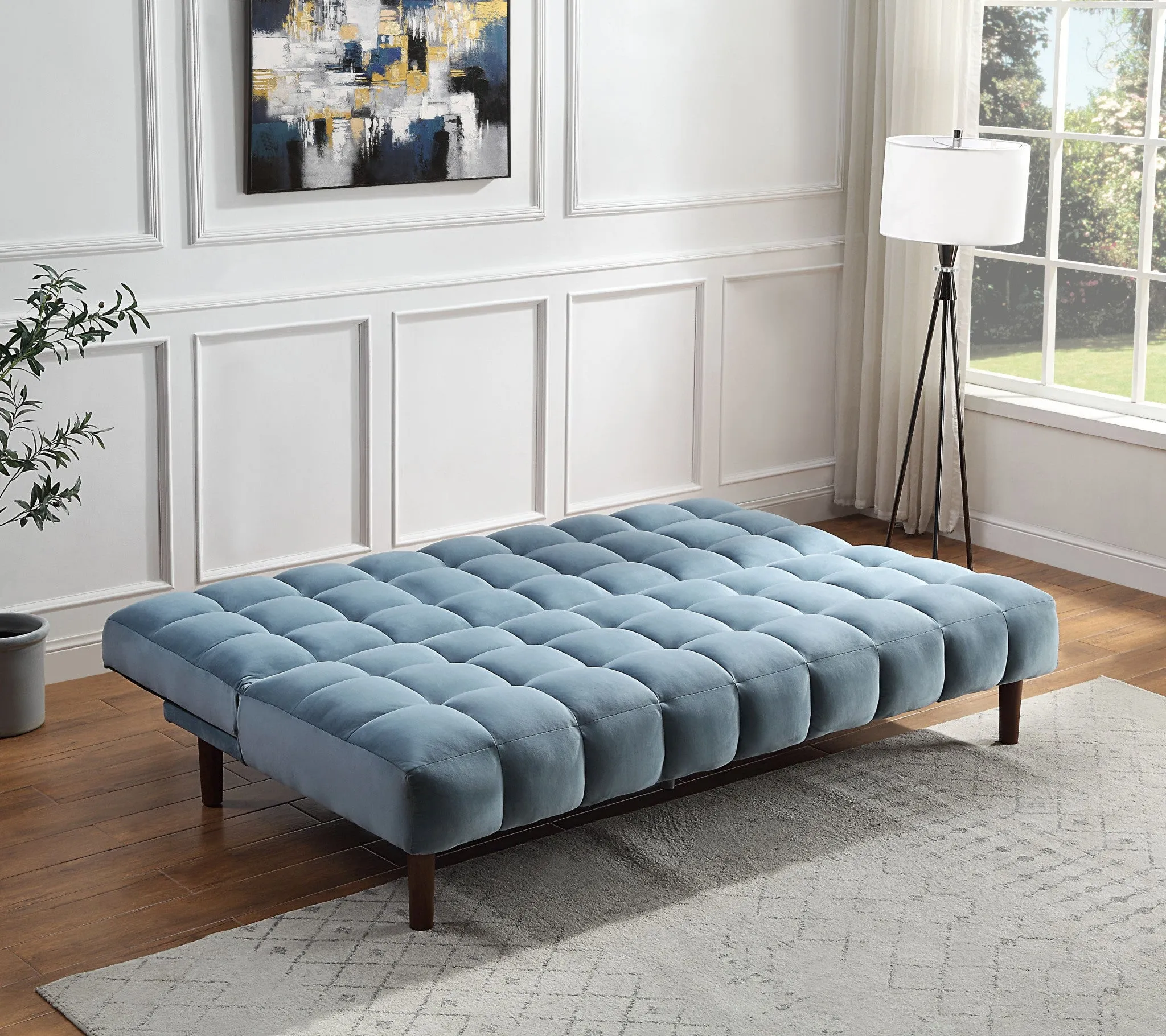 76 Teal Velvet And Wood Brown Sleeper Sofa