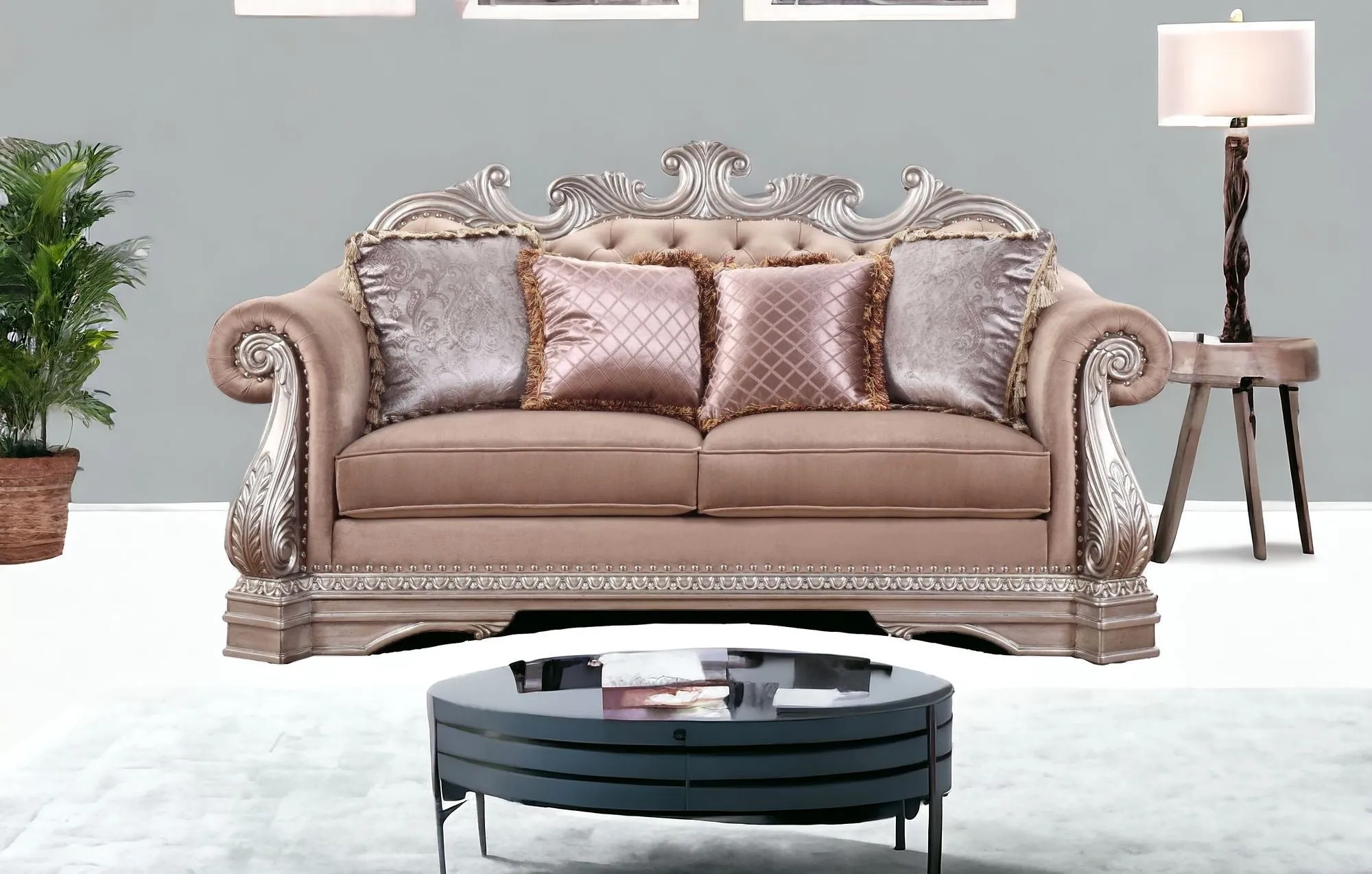 80 Champagne Velour Loveseat and Toss Pillows