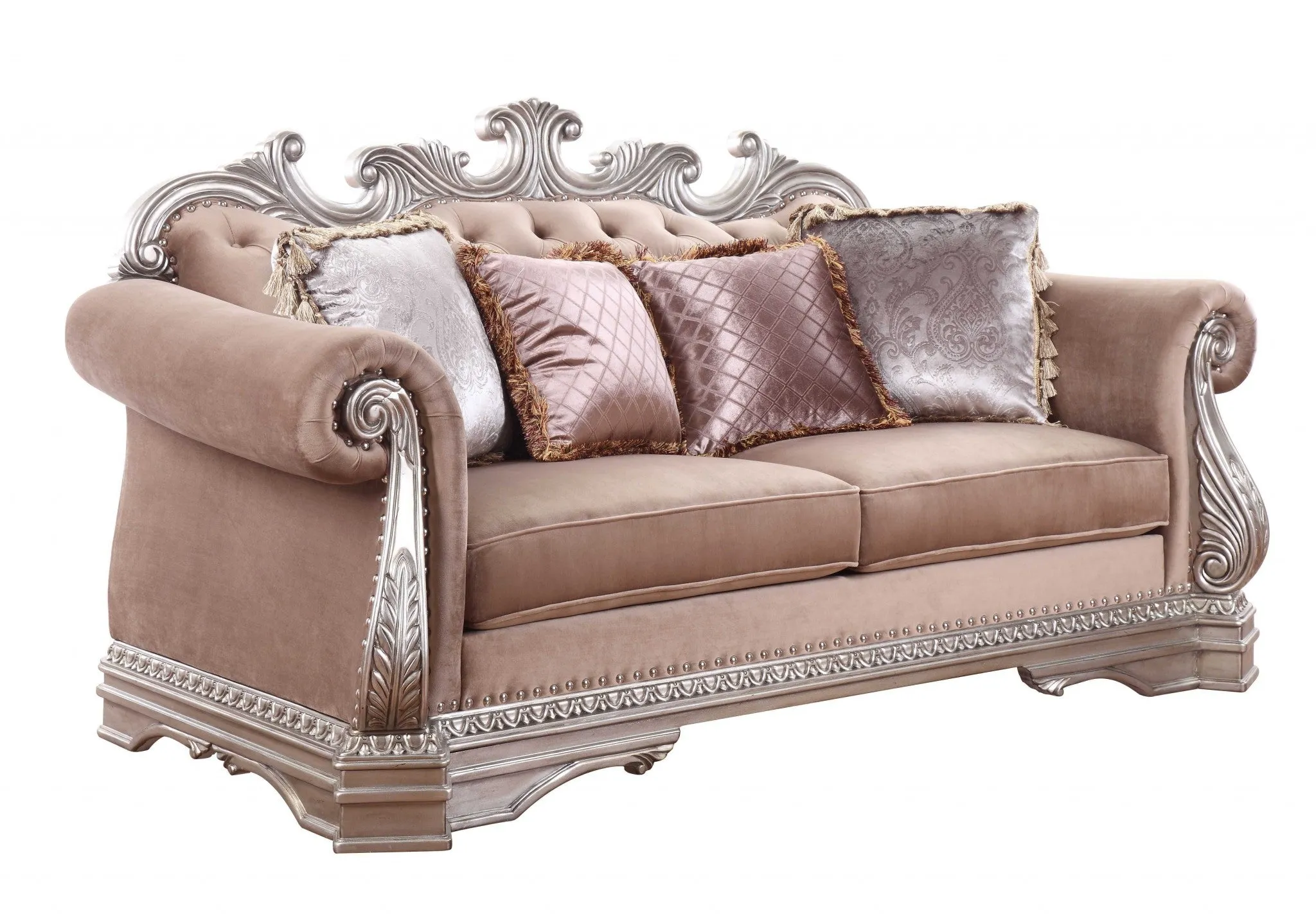 80 Champagne Velour Loveseat and Toss Pillows